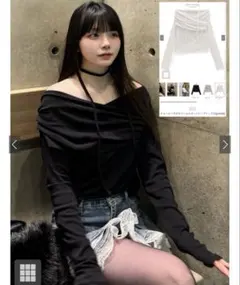 チョーカー付きオフショルダードレープトップス[pm549]