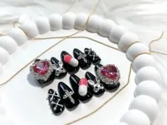 現品ネイルチップ 地雷系 サブカル系 量産型 黒 ハート ピンクお薬 ストーン