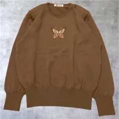 00's Vintage 茶 ウール 蝶 刺繍 長袖 ニット セーター Y2K