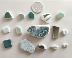 天然☆シー陶器&シータイル等 緑系15個セット