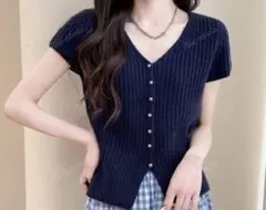ネイビー Vネック 半袖ニット Sサイズ