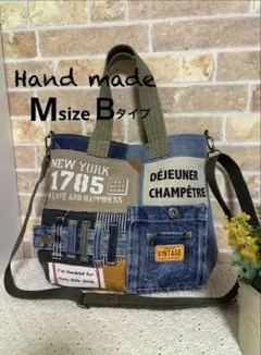 113.年中使える★デニムリメイク★2wayトートバッグ★ショルダー紐付Ｍサイズ