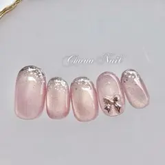 ピンク シルバーラメ リボン マグネットネイル　サイズオーダーネイルチップのサムネイル
