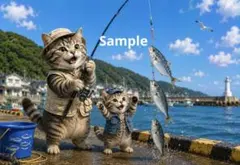 釣りをする猫の親子 デジタルアート イラスト ポストカード