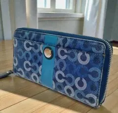COACH コーチ シグネチャー ラウンドファスナー 長財布 ブルー系