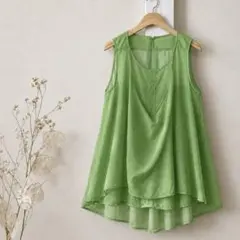 シフォンチュニック 重ね着風 フレア Aライン グリーン 体型カバー ゆったりMのサムネイル