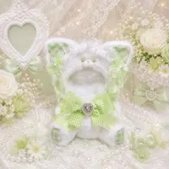 おすわりぬい服 青チェックねこちゃん 11㎝〜15㎝ ちびぐるみ にじぬい