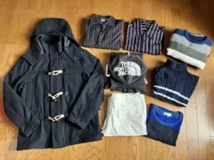 春夏秋冬メンズトータルコーディネート（ダッフルコート、白デニム、ニット、シャツ）