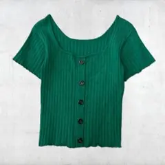 サマーニット リブ編み グリーン スクエア 古着 ギャル