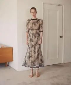 【LEJA】花柄リボンパフスリーブマーメイドワンピースドレス