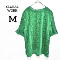 【グローバルワーク】半袖カットソー グリーン M 花柄レース オシャレ 上品