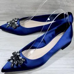 ꧁ZARA꧂ザラ ネイビー サテン ビジュー キラ⭐️ ポインテッドトゥ パンプス
