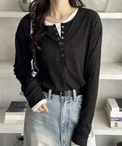 前後2WAYシアースラブヘンリーネックロングTシャツ レディース