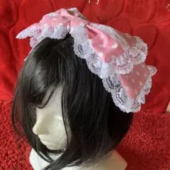 【ピンクドット大ホワイトレース】リボンカチューシャ【手作り】