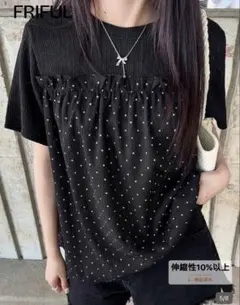 SHEINドット柄 フリル 半袖 カットソー ブラックのサムネイル