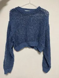 ダークブルー メッシュ編み クロップドカーディガン