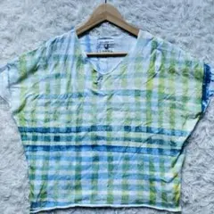 ​美品 SOU・SOU 袖なしジバン 貫頭衣 京型友禅染 チェック 緑×青 SSのサムネイル