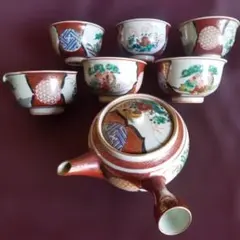 昭和レトロ 九谷焼 久谷庄三 煎茶器急須 湯呑み5客 湯冷ましのセット金彩 赤絵