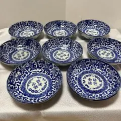 3051【古伊万里・骨董 染付 花卉文 豆皿 小皿 8客セット（金継ぎ用