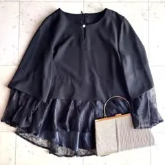 極美品 ルイルエブティック レース七分袖ブラウス トップスのみ L ブラック