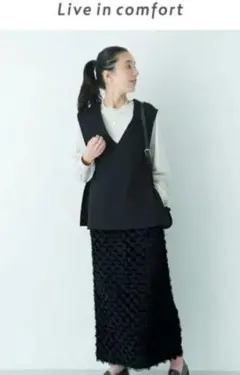 リブインコンフォート フリルスカート タイトスカート ブラック