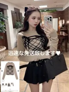 チェック柄フロントオープンリボンニットトップス[ru1374]M