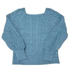 スクエアネック ケーブルニット トップス 水色 青 ブルー レディース 長袖