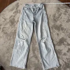 ライトブルー ダメージ加工 ワイドレッグデニムパンツ