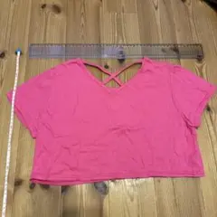 ダンス衣装　ピンク クロップドTシャツ 半袖 クロスバック