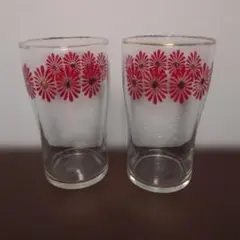 佐々木硝子　昭和レトロ　赤い花模様のガラスコップ 2個セット