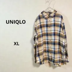 ユニクロ　チェック柄長袖シャツ ベージュ・青　レディース　古着　XL /153
