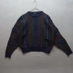 VINTAGE 訳あり 3D A1922 柄ニット L ネイビー クルーネック