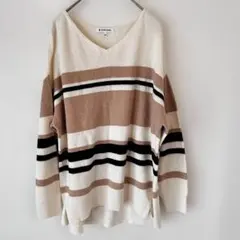 グローバルワーク ニットトップス Vネック 長袖 ボーダー カシミヤ5% 女性
