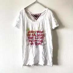【トミーヒルフィガー】　Tシャツ　ボートネック　プリント　白　M　a4534