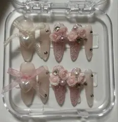 ピンクグリッター花装飾ネイルチップセット　XSサイズ現品