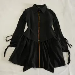 ブラック フレア シャツワンピ モード ゴシック 袖リボン 個性派 Y2K