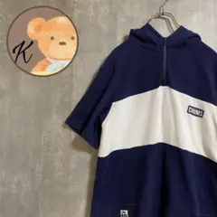 【雰囲気◎】CHUMS パーカー　半袖　ボーダー　ハーフジップ　S 紺