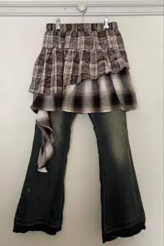 チェック柄アシンメトリックフリルスカート フレアジーンズ 森ガール レディース