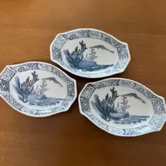 骨董　変形　印判　舟皿　手描き　山水図　3枚　モダン　アンティーク　送料込