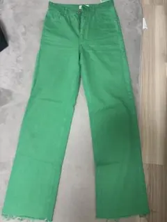 ZARA ハイウエストワイドパンツ　ストレートパンツ　グリーンデニム