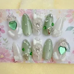 【現品】量産型 ゆめかわ 韓国 推し フレンチ グリーン ネイルチップ