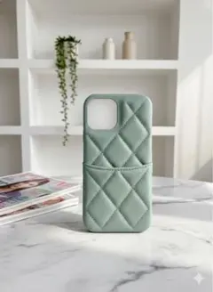 ミント色可愛いiPhone15promaxケースキルティング素材新品未使用即納