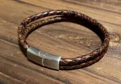 編み込みレザー サージカルステンレス ブレスレット アンティークブラウン