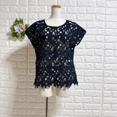 a1657美品グローバルワーク 総レース 花柄 カットソー M 濃紺シアー完売品