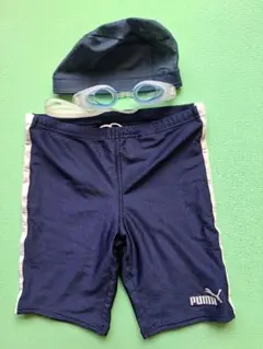 PUMA 男子スポーツ水着 ネイビー 170 ゴーグル、キャップ　セット