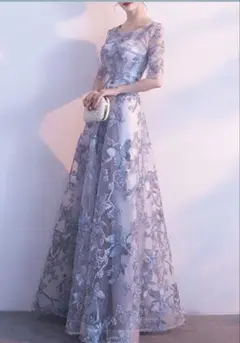 刺繍入りライトグレー パーティードレス Lサイズ