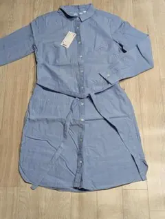 ユニクロ　ライトブルー 水色　シャツワンピース 長袖　M
