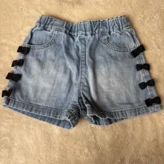 プティマイン　デニムショートパンツ 黒リボン付き100