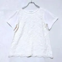 クチュールブローチ 総レース 半袖Tシャツ フレア L ホワイト 上品のサムネイル