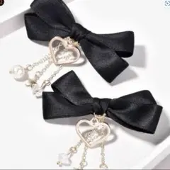 新品未使用 ヘアクリップ ブラックリボン パール ビジュー ゴールドチェーン